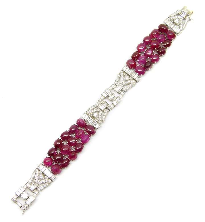 Cabochon ruby and diamond strap bracelet